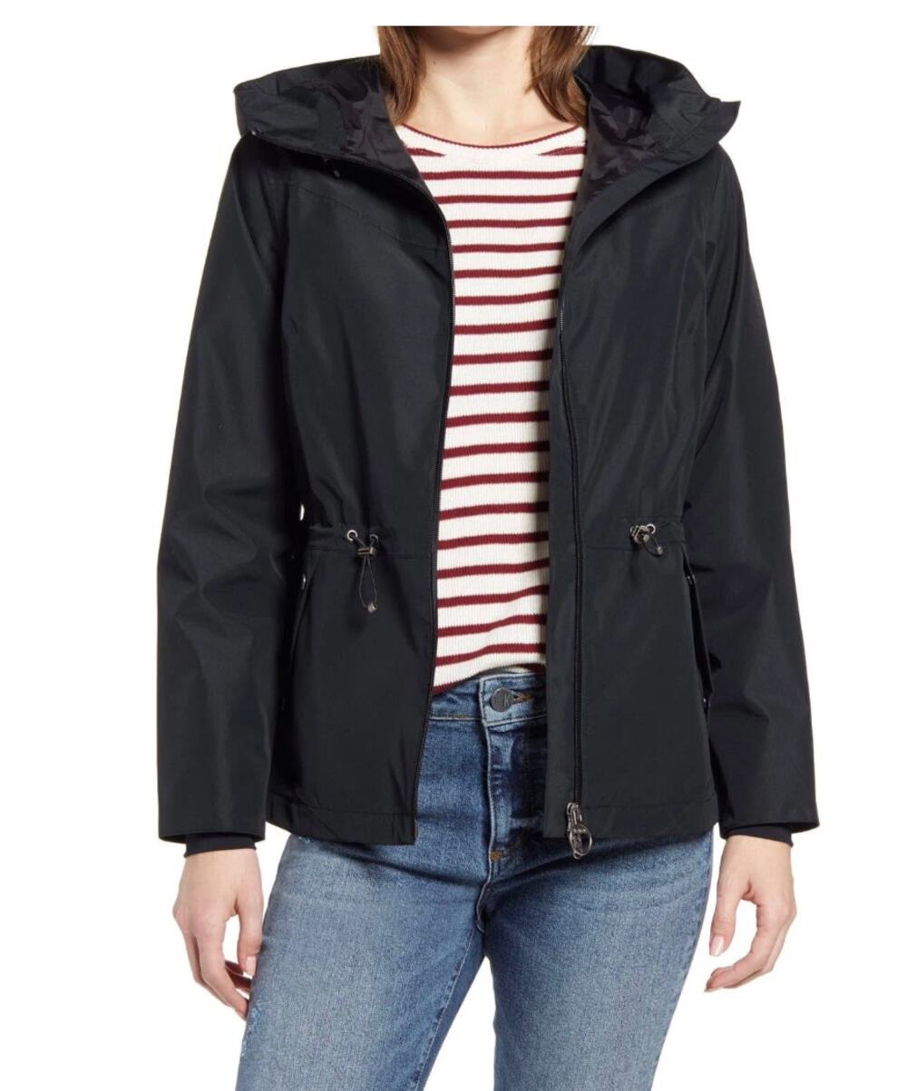 Barbour Denstone Waterproof Hooded Raincoat Zip Black Rain Coat Jacket sz 12 US